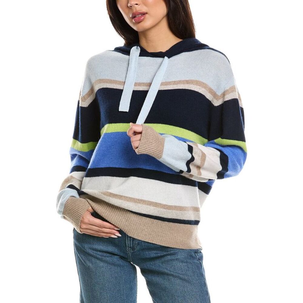 Brodie Cashmere Womens  Striped 100% Cashmere Hoodie, Navy